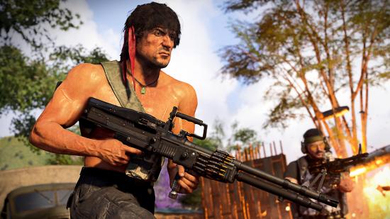 Rambo carrying a light machine gun in Call of Duty Warzone